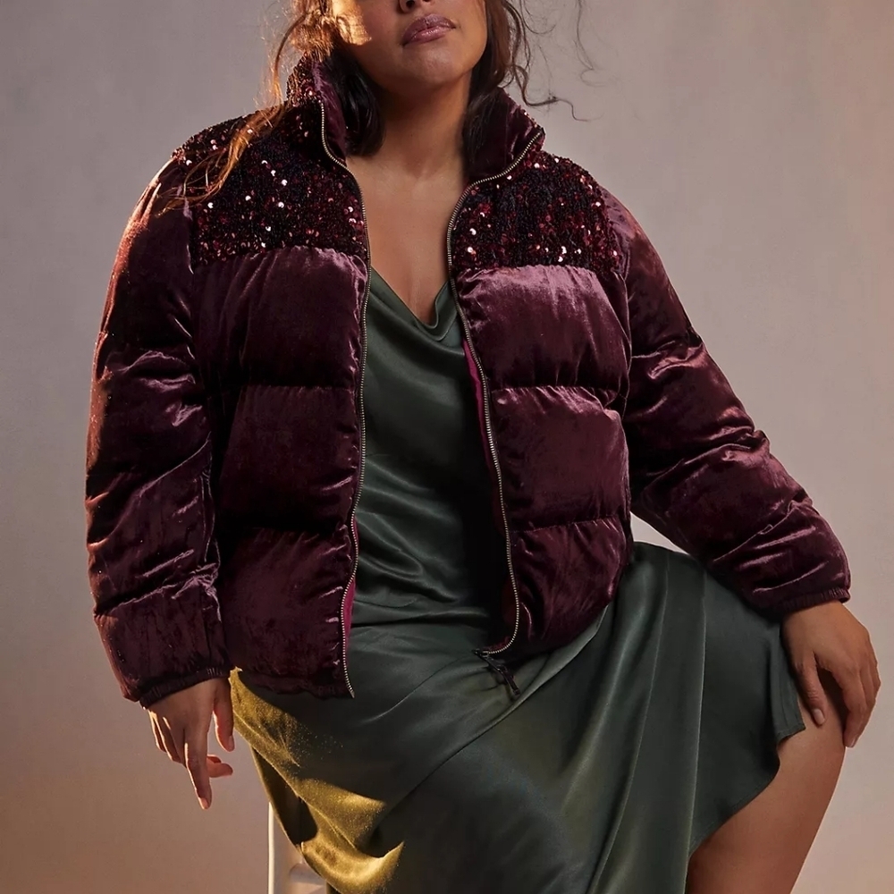 Maeve by Anthropologie NWT Vera Sequined Velvet Puffer Jacket